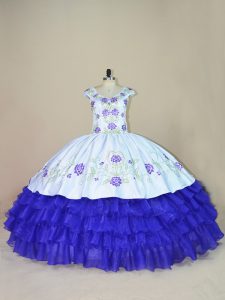 Sophisticated White And Purple Ball Gowns V-neck Cap Sleeves Satin and Organza Floor Length Lace Up Embroidery and Ruffled Layers Ball Gown Prom Dress
