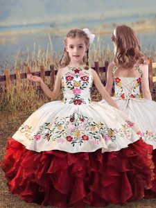 White And Red Scoop Lace Up Embroidery and Ruffles Girls Pageant Dresses Sleeveless