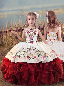 White And Red Scoop Lace Up Embroidery and Ruffles Girls Pageant Dresses Sleeveless