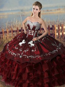 Gorgeous Sleeveless Floor Length Embroidery and Ruffles Lace Up Quinceanera Dresses with Burgundy