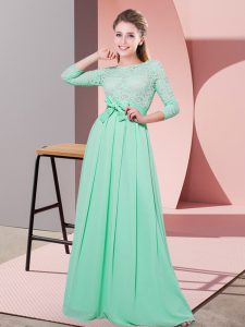 Floor Length Apple Green Court Dresses for Sweet 16 Chiffon 3 4 Length Sleeve Lace and Belt
