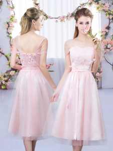 Extravagant Baby Pink Lace Up Court Dresses for Sweet 16 Lace and Belt Short Sleeves Tea Length