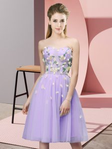 Fantastic Lavender Empire Appliques Dama Dress for Quinceanera Lace Up Tulle Sleeveless Knee Length