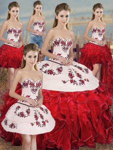 Sleeveless Floor Length Embroidery and Ruffles and Bowknot Lace Up Sweet 16 Dress with White And Red