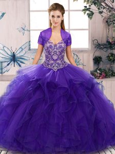 Classical Off The Shoulder Sleeveless Quinceanera Gown Floor Length Beading and Ruffles Purple Tulle
