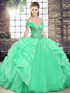 Artistic Sleeveless Floor Length Beading and Ruffles Lace Up 15 Quinceanera Dress with Apple Green