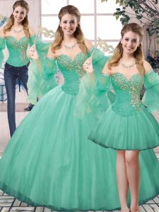 Pretty Sleeveless Tulle Floor Length Lace Up Quinceanera Dresses in Turquoise with Beading