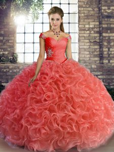 Luxury Beading Quince Ball Gowns Watermelon Red Lace Up Sleeveless Floor Length