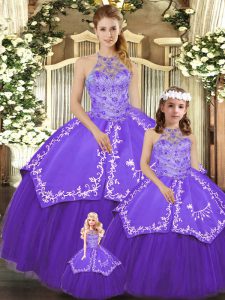 Purple Ball Gowns Satin and Tulle Halter Top Sleeveless Beading and Embroidery Floor Length Lace Up Ball Gown Prom Dress
