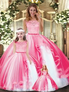 Custom Design Hot Pink Clasp Handle Vestidos de Quinceanera Lace and Ruffles Sleeveless Floor Length