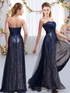 Sweetheart Sleeveless Lace Up Vestidos de Damas Navy Blue Chiffon and Sequined