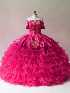 Luxurious Fuchsia Ball Gowns Embroidery and Ruffled Layers Quinceanera Dresses Lace Up Organza Sleeveless Floor Length