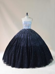 Floor Length Lace Up Quinceanera Gown Black for Sweet 16 and Quinceanera with Beading