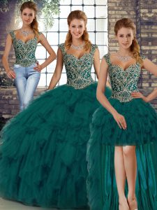 Peacock Green Sleeveless Floor Length Beading and Ruffles Lace Up 15th Birthday Dress