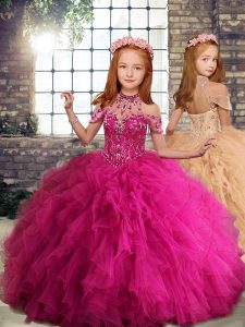 Dramatic Fuchsia High-neck Neckline Beading and Ruffles Kids Pageant Dress Sleeveless Lace Up