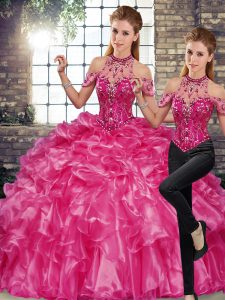 Inexpensive Fuchsia Lace Up Halter Top Beading and Ruffles Sweet 16 Dresses Organza Sleeveless