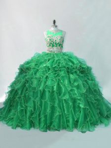 Green Two Pieces Organza Scoop Sleeveless Beading and Ruffles Ball Gown Prom Dress Brush Train