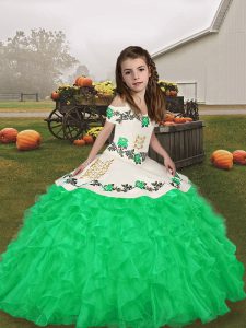 Dazzling Green Ball Gowns Straps Sleeveless Organza Floor Length Lace Up Embroidery and Ruffles Child Pageant Dress