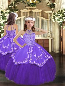 Glorious Beading and Embroidery Kids Formal Wear Purple Lace Up Sleeveless Floor Length