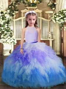 Modern Multi-color Tulle Backless High-neck Sleeveless Floor Length Little Girls Pageant Gowns Ruffles