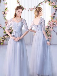 Elegant Grey V-neck Lace Up Lace Quinceanera Court Dresses Half Sleeves