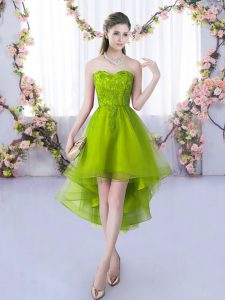 Lace Quinceanera Dama Dress Olive Green Lace Up Sleeveless High Low