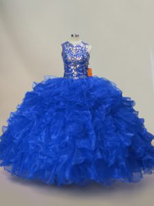 Elegant Royal Blue Sleeveless Ruffles and Sequins Floor Length Quince Ball Gowns