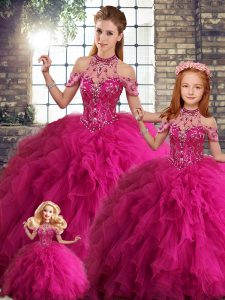 Fuchsia Sleeveless Tulle Lace Up Sweet 16 Dress for Military Ball and Sweet 16 and Quinceanera