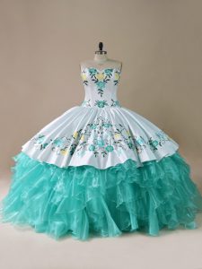 Dazzling Sweetheart Sleeveless Quinceanera Dress Floor Length Embroidery and Ruffles Blue And White Organza