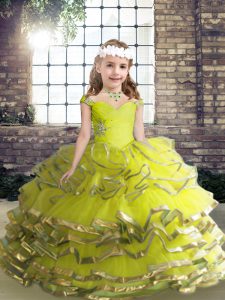 Amazing Floor Length Yellow Green Little Girls Pageant Dress Straps Sleeveless Lace Up