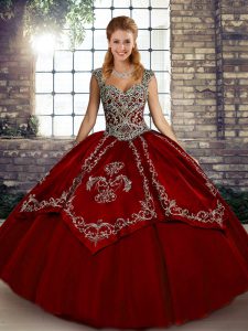 Wine Red Ball Gowns Tulle Straps Sleeveless Beading and Embroidery Floor Length Lace Up Quince Ball Gowns
