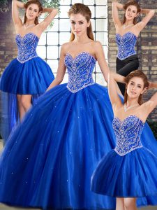 Elegant Blue Sleeveless Tulle Brush Train Lace Up Quince Ball Gowns for Military Ball and Sweet 16 and Quinceanera