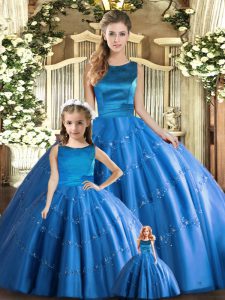 Blue Ball Gowns Tulle Scoop Sleeveless Appliques Floor Length Lace Up Quinceanera Dress