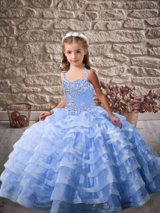 Organza Sleeveless High School Pageant Dress Brush Train and Beading and Ruffled Layers