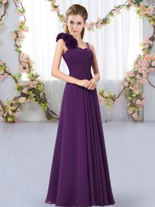 Dramatic Straps Sleeveless Court Dresses for Sweet 16 Floor Length Hand Made Flower Dark Purple Chiffon