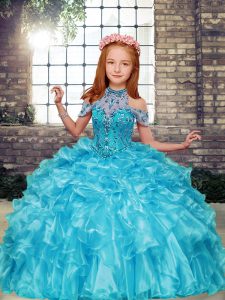Floor Length Aqua Blue Little Girls Pageant Dress High-neck Sleeveless Lace Up