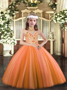 Best Orange Ball Gowns Halter Top Sleeveless Tulle Floor Length Lace Up Appliques Little Girls Pageant Dress