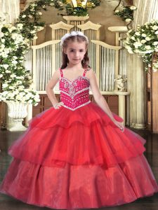 Best Red Sleeveless Organza Lace Up Little Girls Pageant Dress for Party and Wedding Party