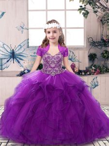 Purple Ball Gowns Beading and Ruffles Kids Formal Wear Lace Up Tulle Sleeveless Floor Length