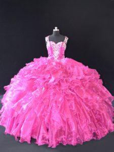 Superior Fuchsia Straps Lace Up Beading and Ruffles 15 Quinceanera Dress Sleeveless