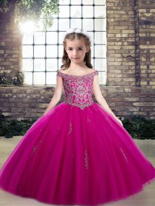 Off The Shoulder Sleeveless Lace Up Little Girl Pageant Gowns Fuchsia Tulle
