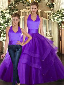 Charming Purple Tulle Lace Up Quinceanera Dress Sleeveless Floor Length Ruffled Layers