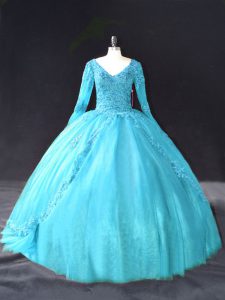 V-neck Long Sleeves Quince Ball Gowns Floor Length Lace and Appliques Aqua Blue Tulle