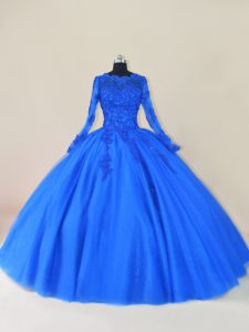 Royal Blue Long Sleeves Floor Length Lace and Appliques Zipper Quince Ball Gowns