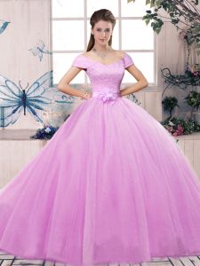 Best Lilac Short Sleeves Lace and Hand Made Flower Floor Length 15th Birthday Dress