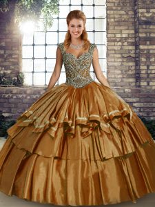 Straps Sleeveless Taffeta Quince Ball Gowns Beading and Ruffled Layers Lace Up