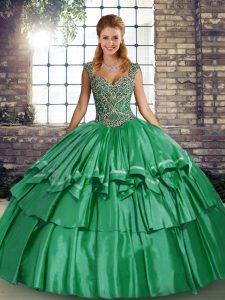 Beauteous Green Lace Up Quinceanera Gown Beading and Ruffled Layers Sleeveless Floor Length
