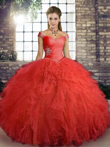Orange Red Off The Shoulder Neckline Beading and Ruffles 15 Quinceanera Dress Sleeveless Lace Up