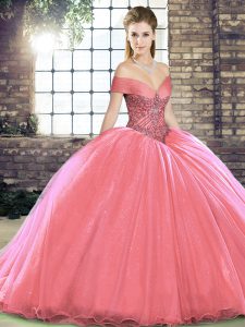 Eye-catching Watermelon Red Sleeveless Organza Brush Train Lace Up 15th Birthday Dress for Military Ball and Sweet 16 and Quinceanera