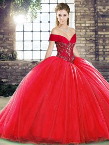 Adorable Red Sleeveless Organza Brush Train Lace Up 15th Birthday Dress for Military Ball and Sweet 16 and Quinceanera